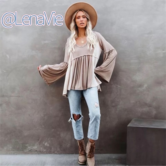 Cotton Two Tone Boho Top W/Bell Sleeves, Light Flowy Tunic - Picture 4 of 5